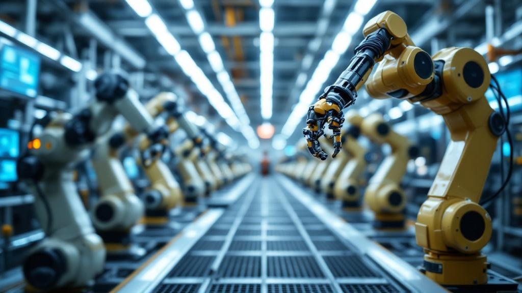 Wide-angle editorial photograph taken inside a modern European automotive or industrial robotics facility, such as a German or Dutch manufacturing plant. Robotic arms on an active production line in t