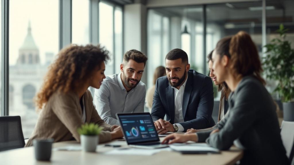Editorial photograph of a modern open-plan office interior in a European financial district, likely Canary Wharf or Frankfurt's Bankenviertel, showing a diverse group of professionals gathered around 
