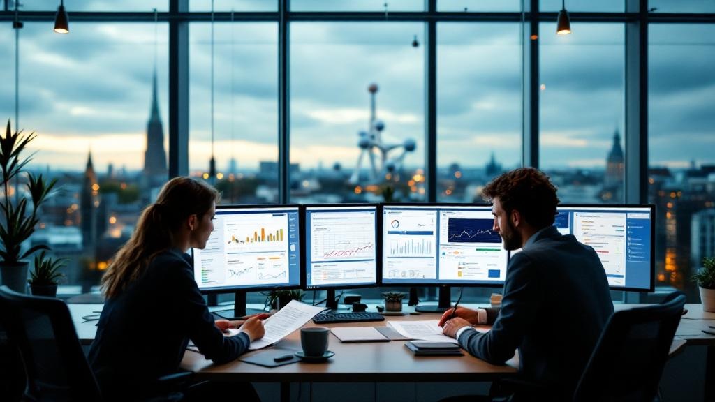 A wide-angle photograph taken inside a contemporary European financial technology office, showing a glass-walled compliance team workspace with multiple screens displaying regulatory documentation and
