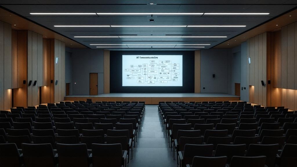 A wide-angle interior shot inside a modern European university lecture theatre, such as at ETH Zurich or the Sorbonne, showing rows of empty seats facing a large projection screen displaying a sparse 