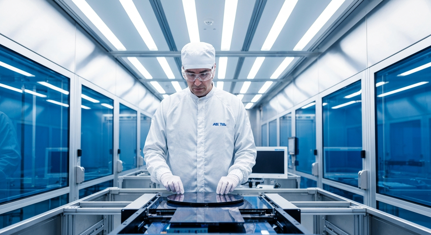 Editorial photograph taken inside a modern semiconductor research cleanroom at a European university facility, showing a researcher in full cleanroom gown examining a silicon wafer under bright labora