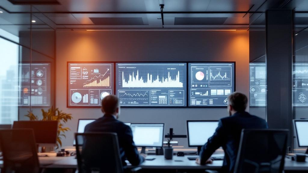 Editorial photograph taken inside a modern European government technology operations centre, showing large display screens with real-time city data dashboards, with staff at workstations in the foregr