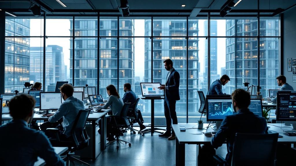 Wide-angle editorial photograph inside a modern European financial-services compliance team office, multiple analysts at standing desks reviewing AI model documentation on large monitors, glass walls 