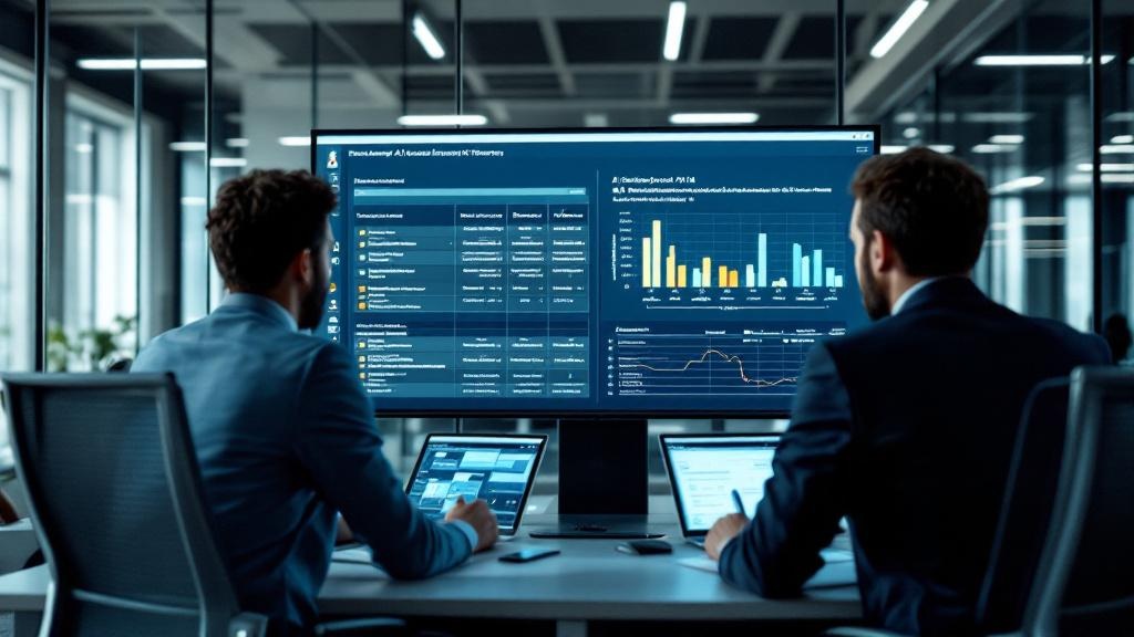 Wide-angle editorial photograph inside a modern European financial services compliance office, glass-walled meeting room visible in the background, two professionals reviewing multi-jurisdiction regul