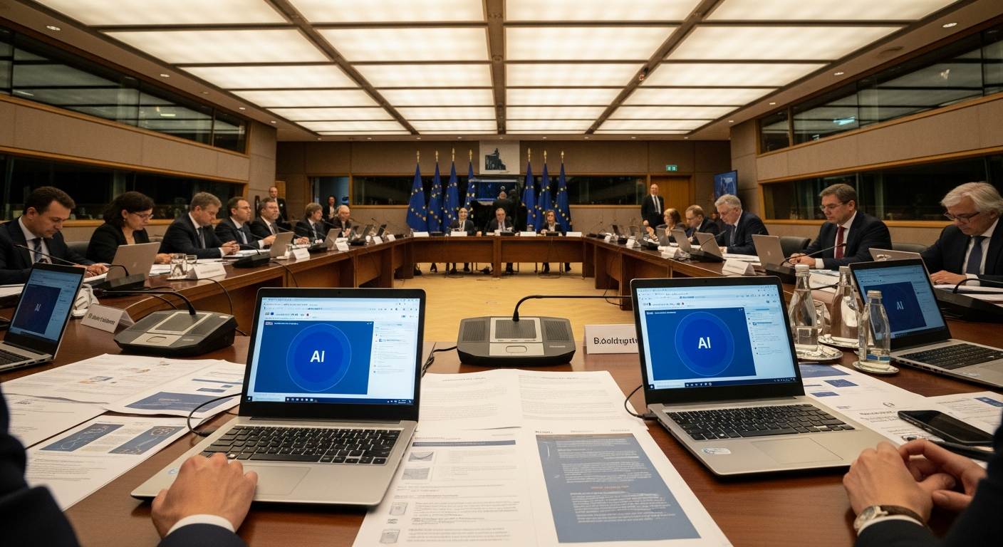 A wide-angle editorial photograph taken inside the Berlaymont building in Brussels, showing officials gathered around a large conference table covered with printed regulatory documents and open laptop