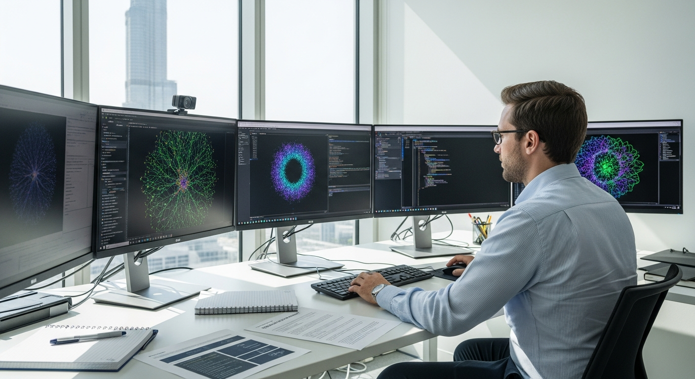 An editorial photograph of a researcher at ETH Zurich working at a workstation in a modern AI laboratory, surrounded by large monitors showing neural network visualisations and code. Clean white lab e