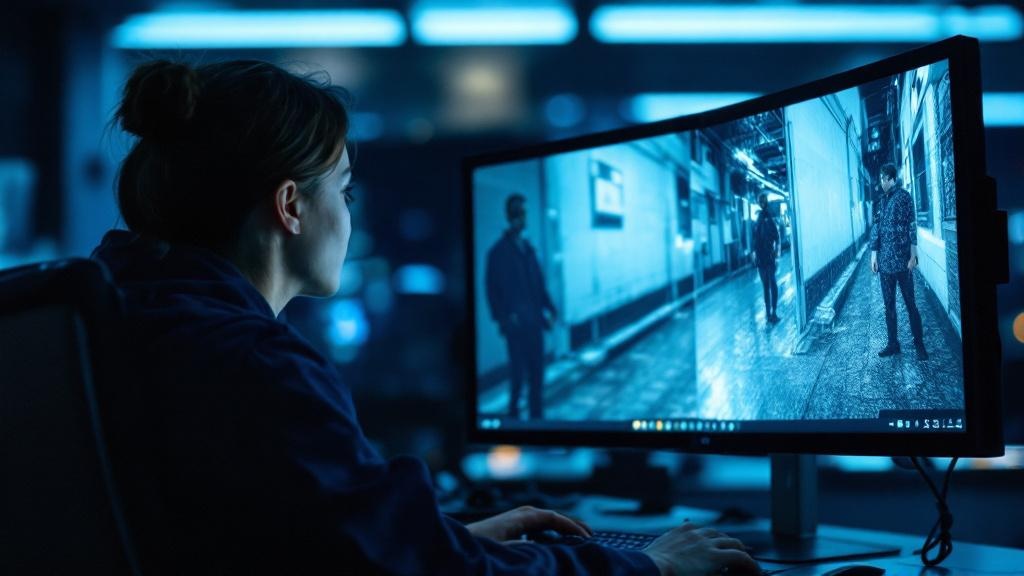 A close-up, documentary-style photograph taken inside a university media lab in Brussels or Berlin. A researcher in her thirties sits before two monitors displaying side-by-side video frames: one cris