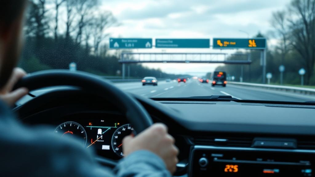 An editorial photograph showing a close-up of a vehicle dashboard display inside a production car on a European motorway, with the driver-assistance interface active and displaying lane-guidance overl