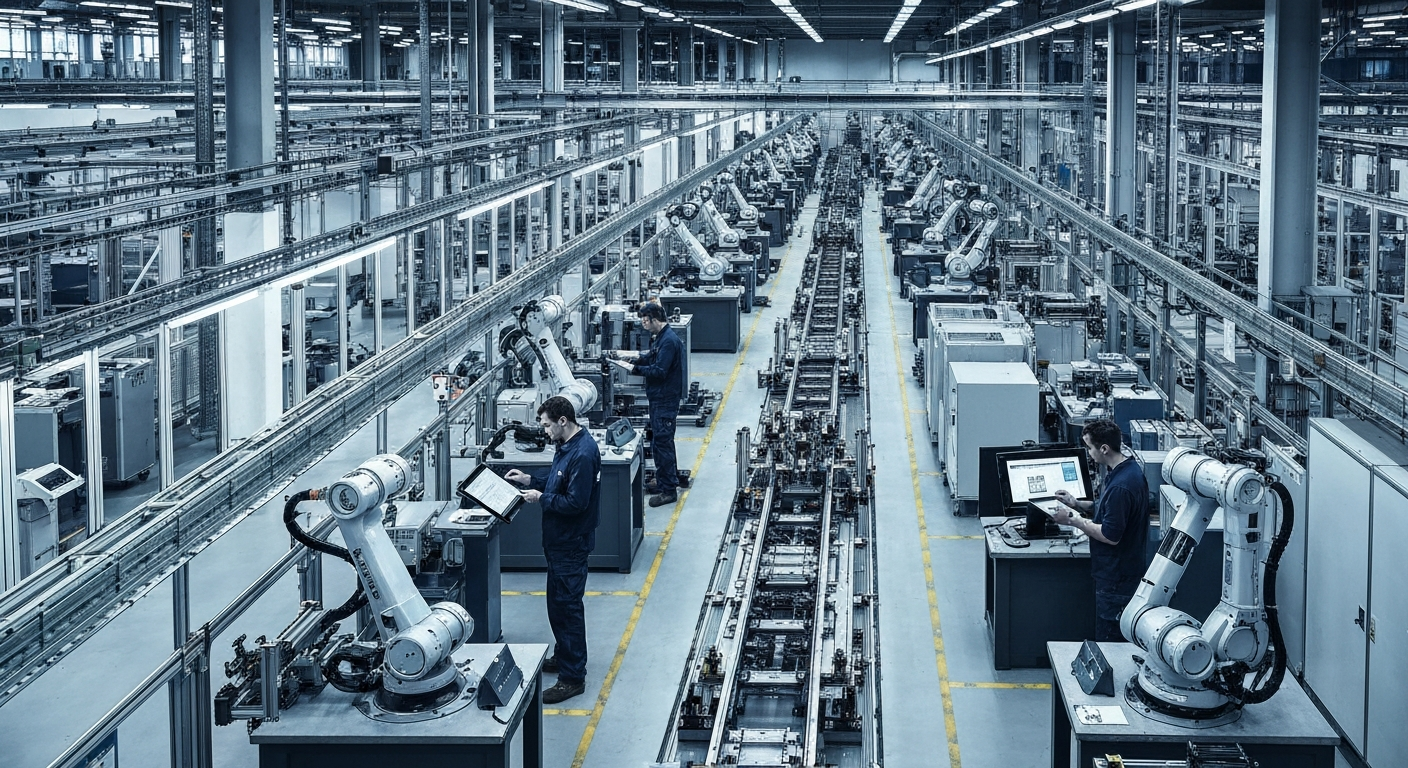 A wide-angle editorial photograph taken inside a modern European automotive or electronics manufacturing plant, such as a facility in Stuttgart or Eindhoven. The foreground shows a production engineer
