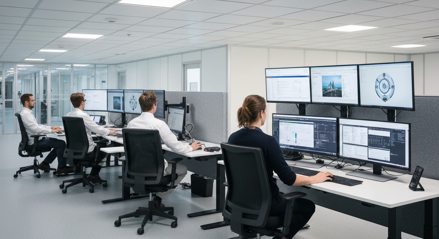 An editorial photograph set inside a contemporary European pharmaceutical research facility, evoking the collaborative partnership model. Two researchers, one examining molecular visualisation data on