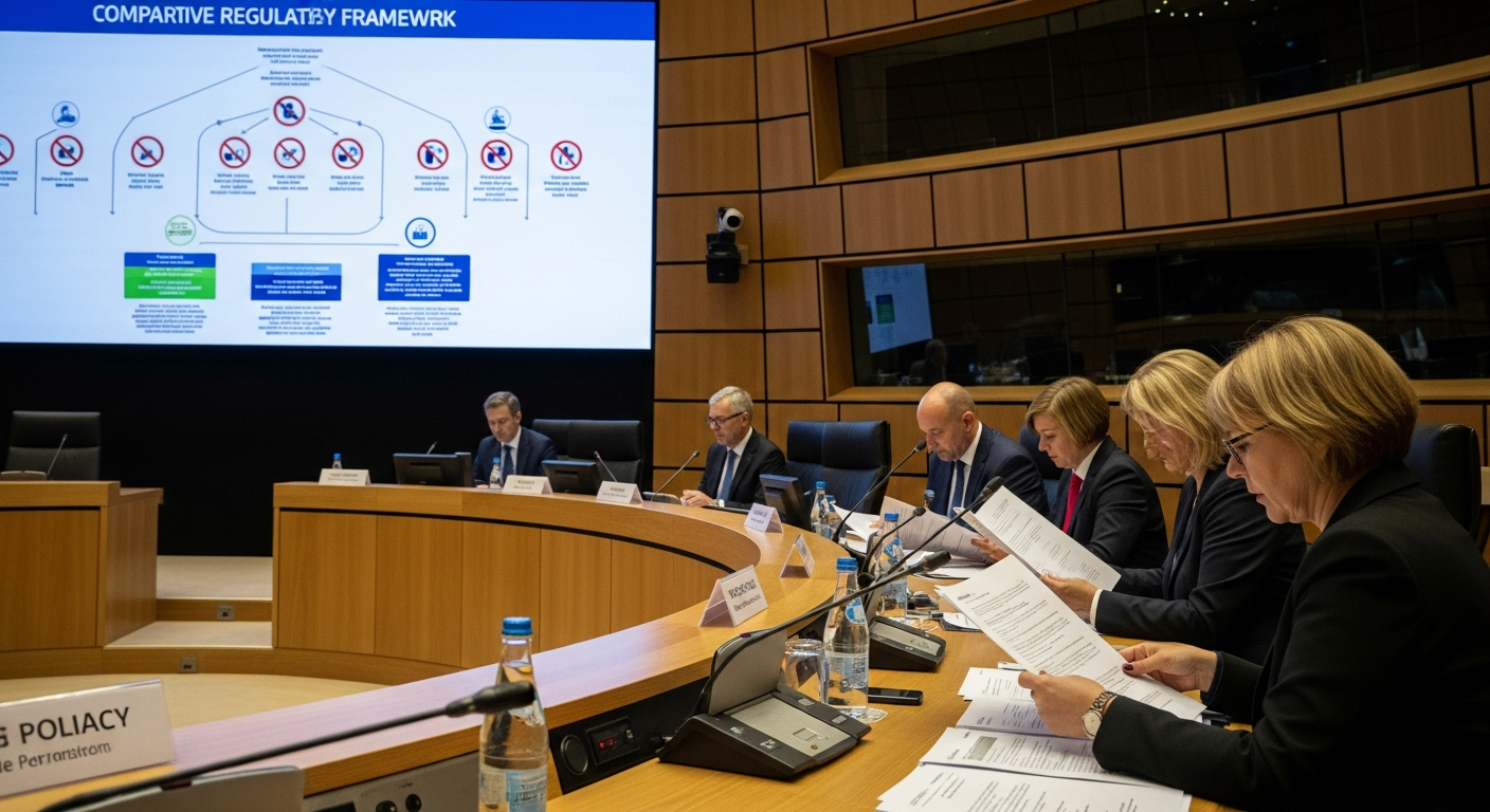 Editorial photograph taken inside a modern European parliamentary committee room, rows of laptops open on AI policy documents, EU flag visible in the background, natural overhead lighting, documentary