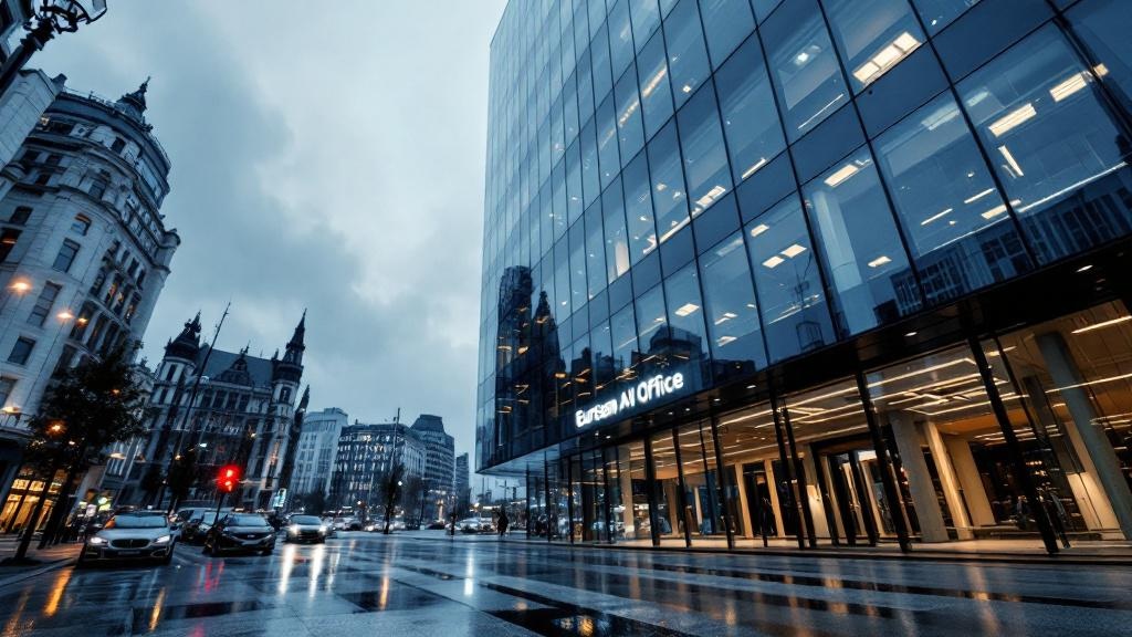 Wide-angle editorial photograph of the exterior of the European AI Office building in Brussels, overcast northern European sky, glass-and-steel facade reflecting city streetscape, no people, clean arc