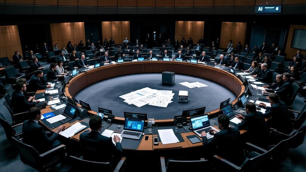 A wide-angle editorial photograph taken inside a contemporary European parliamentary or regulatory chamber, such as the European Parliament's hemicycle in Strasbourg or a ministerial conference room i