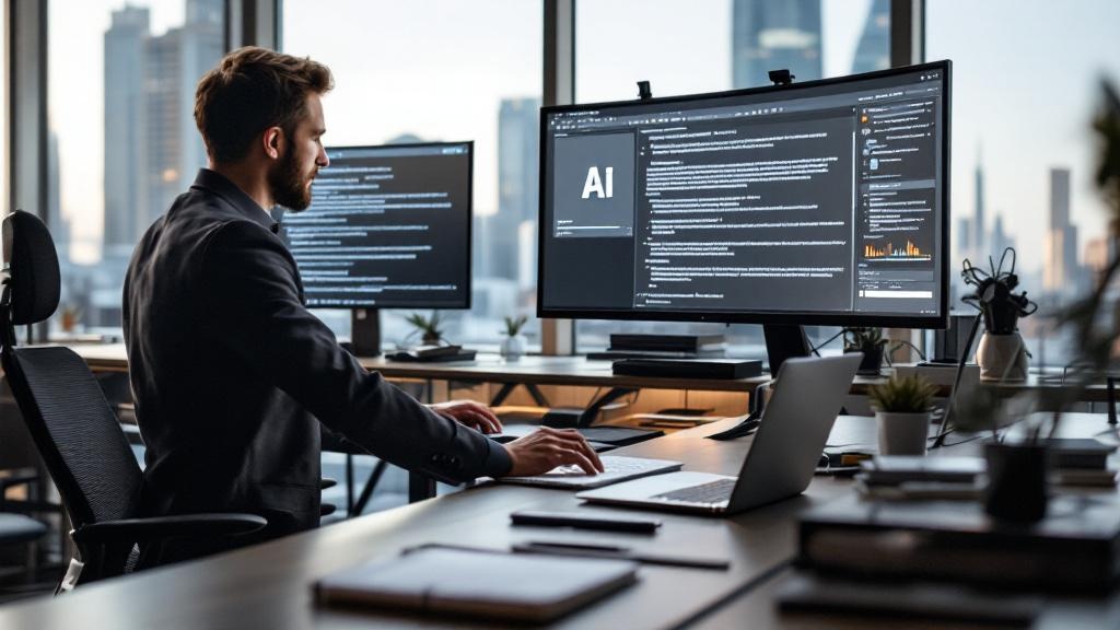 A professional at a standing desk in a modern open-plan office in central London, reviewing AI-generated text on a large monitor. The room has floor-to-ceiling windows with a view towards Canary Wharf