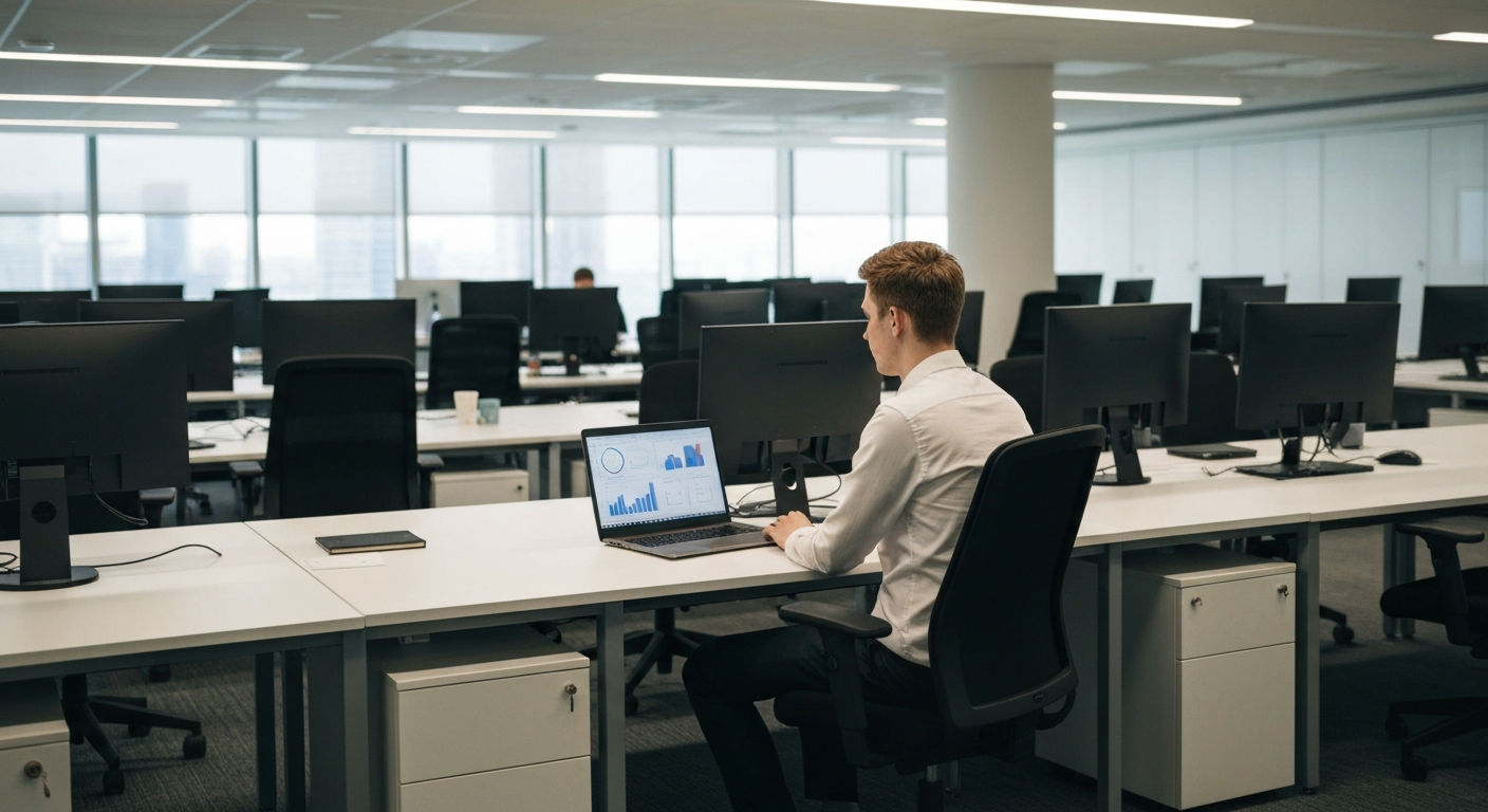 Editorial photograph taken inside a modern European open-plan office, likely in Canary Wharf or Frankfurt's banking district. Mid-shot of a young professional, early twenties, sitting at a clean desk 