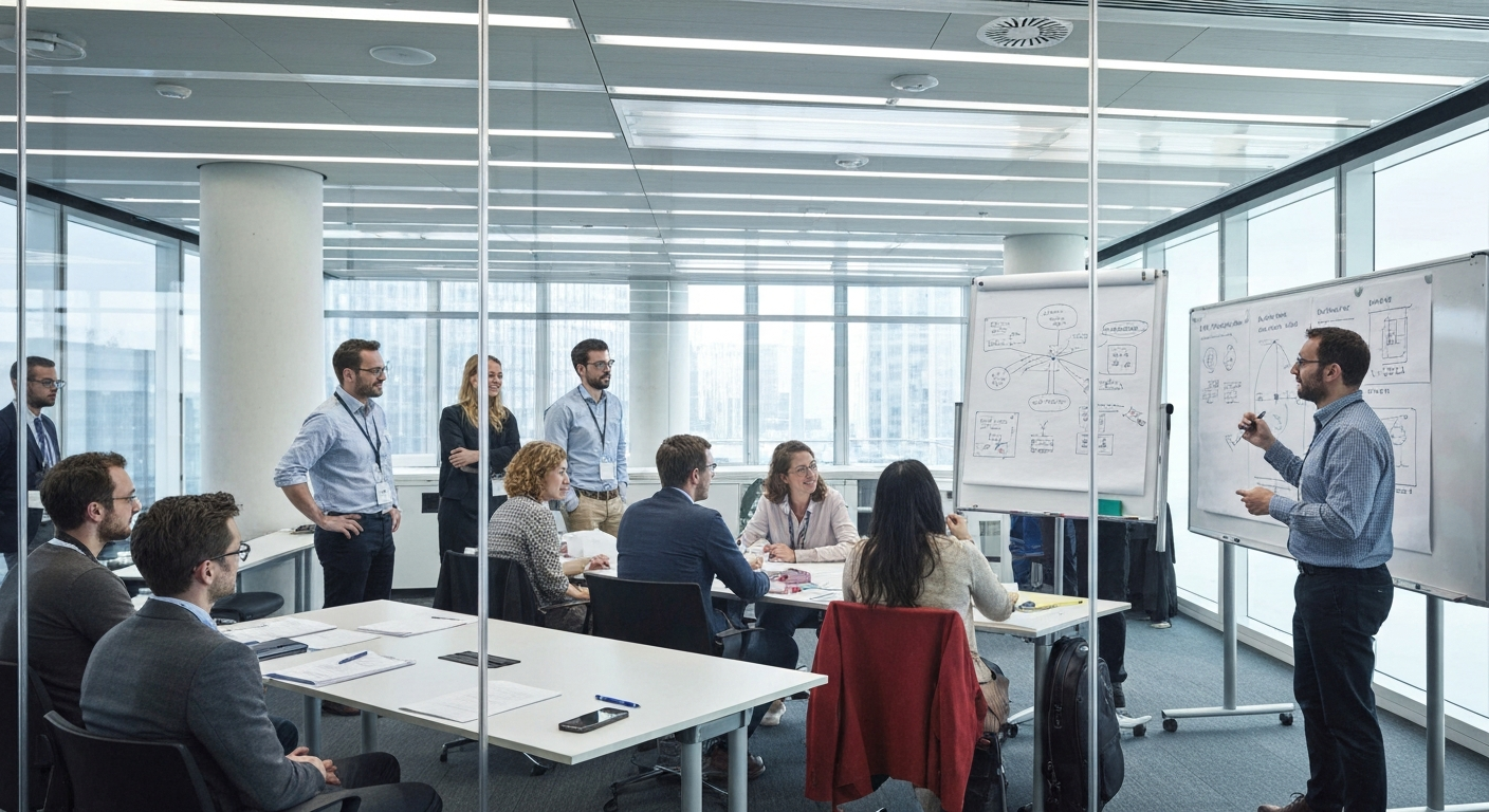 Wide-angle editorial photograph of a European technology conference or skills retraining workshop, set in a glass-walled seminar room reminiscent of ETH Zurich or a Brussels policy institute. A divers