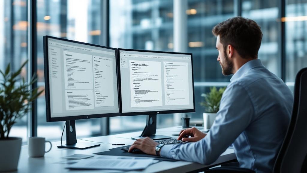 A clean, well-lit office environment at a European energy company, showing a professional reviewing structured documentation on a dual-monitor workstation. Printed specification sheets and a markdown 