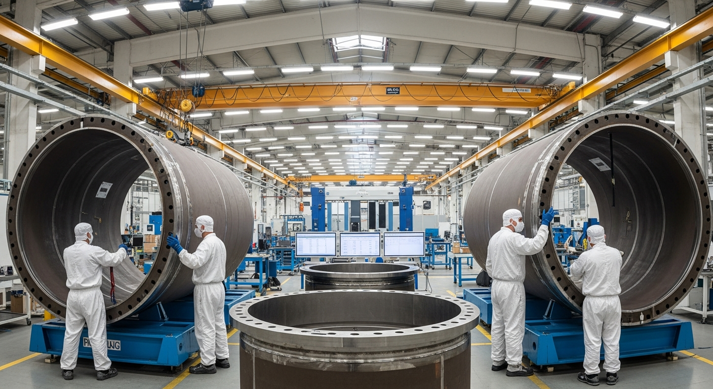A wide-angle editorial photograph taken inside a European precision manufacturing facility, showing workers in white cleanroom suits assembling large cylindrical steel pressure vessel components on a 