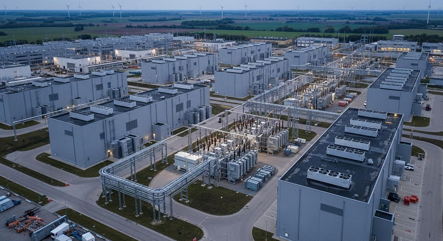 An aerial editorial photograph of a European data centre campus at dusk, rows of grey server hall buildings with cooling units on rooftops, industrial power infrastructure including large transformer 