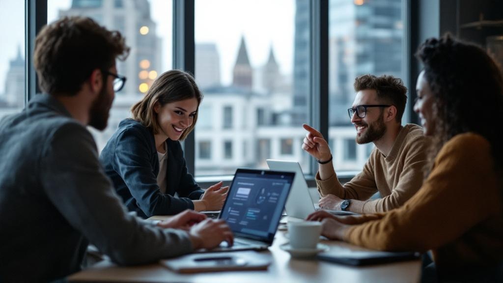 Editorial photograph taken inside a modern co-working space in a European city, showing a diverse group of professionals in their thirties gathered around laptop screens displaying an online learning 