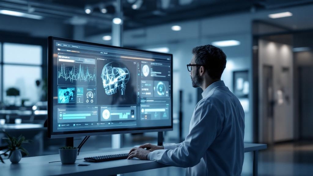 Editorial photograph taken inside a modern European hospital or clinical technology centre, showing a healthcare professional reviewing an AI-assisted diagnostic interface on a large monitor. The sett