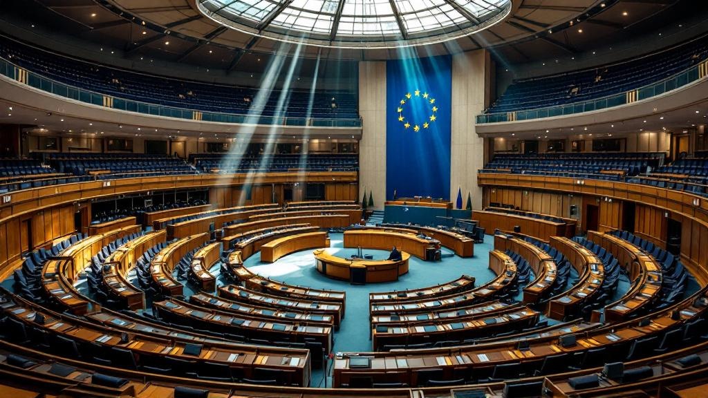 Editorial photograph taken inside the Council of Europe's Palais de l'Europe in Strasbourg: a wide-angle view of the hemicycle chamber, empty of delegates, with the Council of Europe flag and natural 