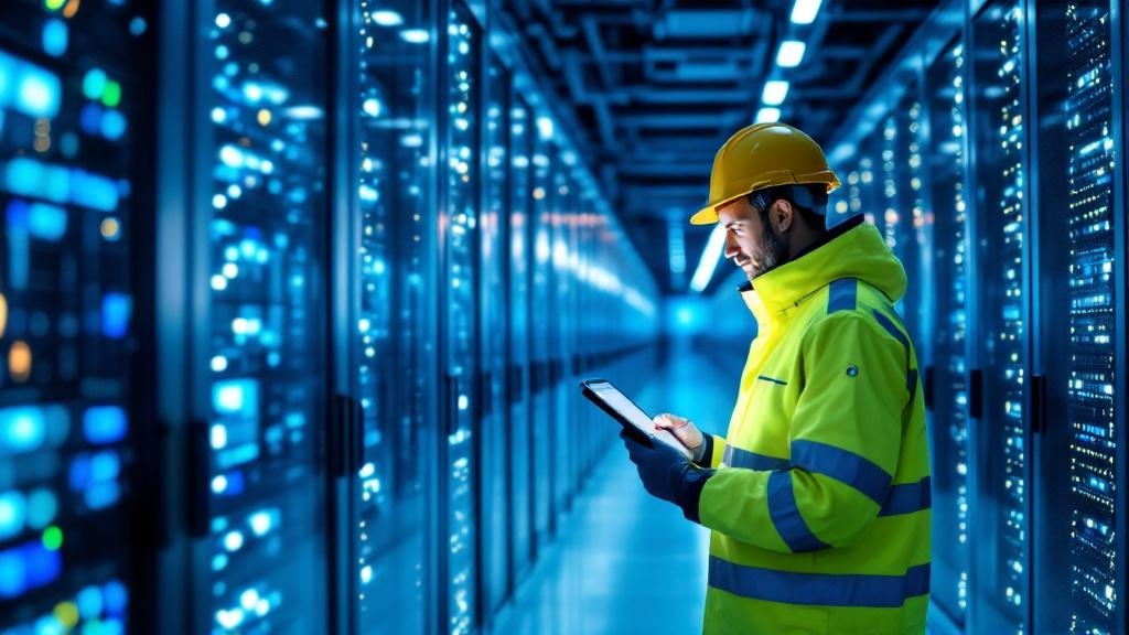 Editorial photograph taken inside a modern European data centre, rows of illuminated server racks receding into the distance, a lone engineer in a high-visibility jacket reviewing a tablet display. Th