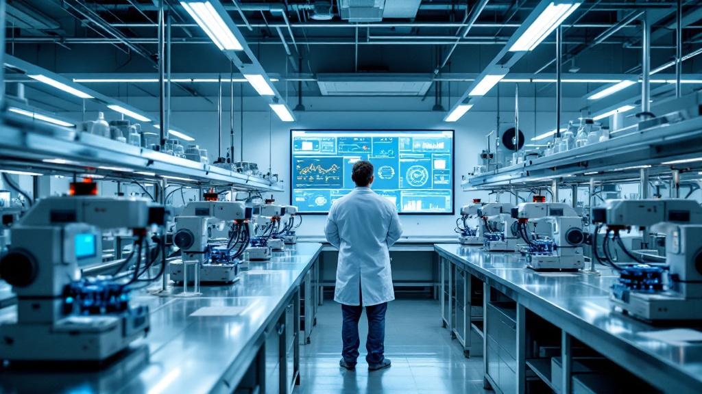 A wide-angle interior photograph of a modern European university research laboratory, likely at a UK institution such as the Wellcome Sanger Institute or ETH Zurich. Rows of automated liquid-handling 