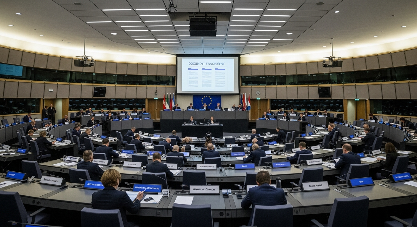 Wide-angle photograph inside a formal multilateral conference chamber, delegates seated at curved rows of desks bearing national nameplates, soft overhead lighting, a large projection screen displayin
