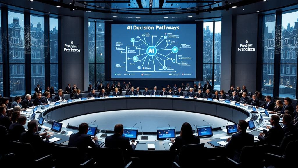 Editorial photograph inside a modern European parliamentary or ministerial conference chamber: rows of national placards on a curved table, delegates in discussion, large screens displaying a stylised