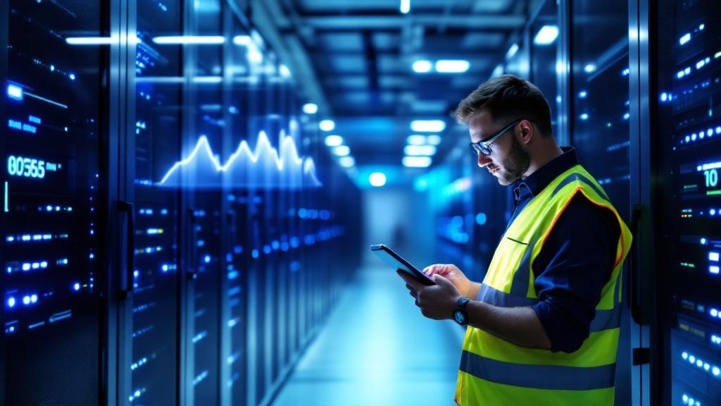 Editorial photograph taken inside a modern European data centre, rows of server racks lit in cool blue and white, with a visible power management display on a wall-mounted screen showing energy consum