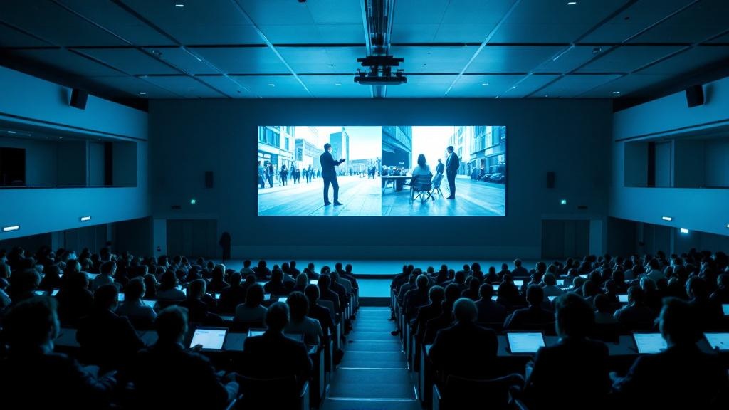 A wide-angle photograph taken inside a modern European university lecture theatre, rows of students facing a large display screen showing a split-screen comparison of authentic video footage alongside