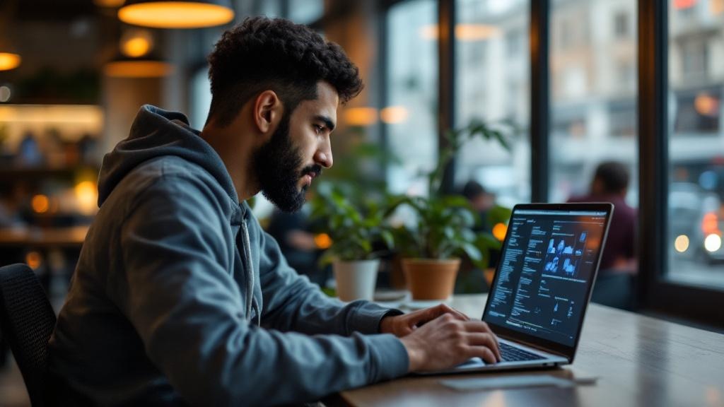 A documentary-style photograph taken at a busy coworking space in a French city, likely Paris or Lyon, showing a young North African engineer in his late twenties working intently at a laptop displayi