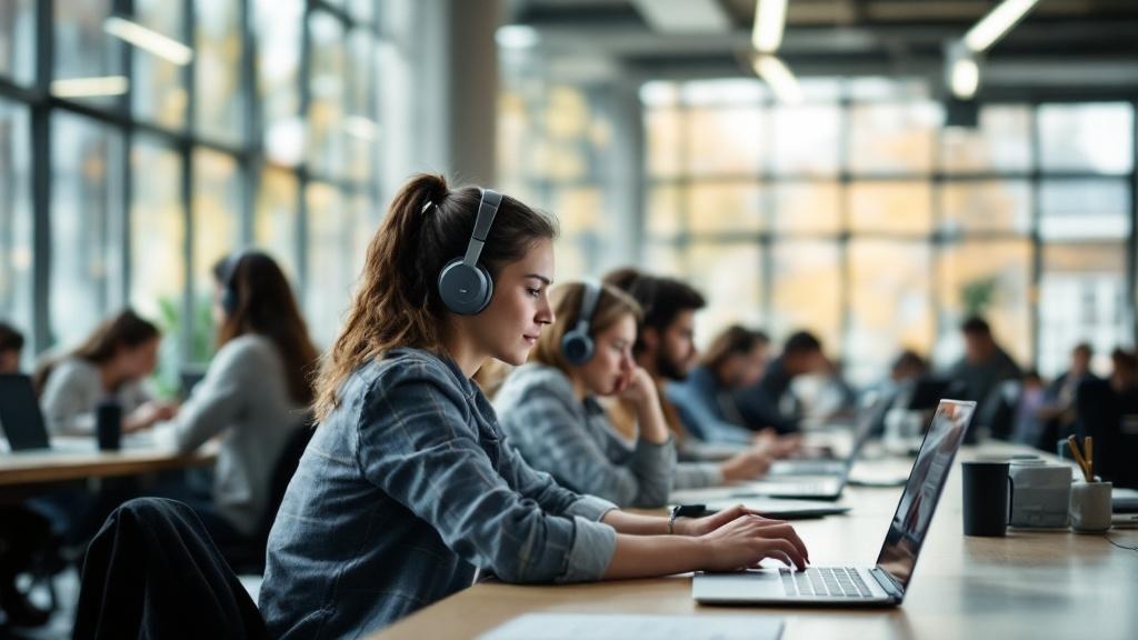 A wide-angle editorial photograph taken inside a contemporary UK university library or learning commons, showing a diverse group of students in their early twenties seated at long desks with laptops o