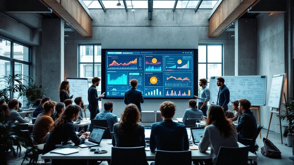 A wide-angle editorial photograph taken inside a modern European university AI research lab, showing a diverse group of students and researchers gathered around a large touchscreen display showing dat