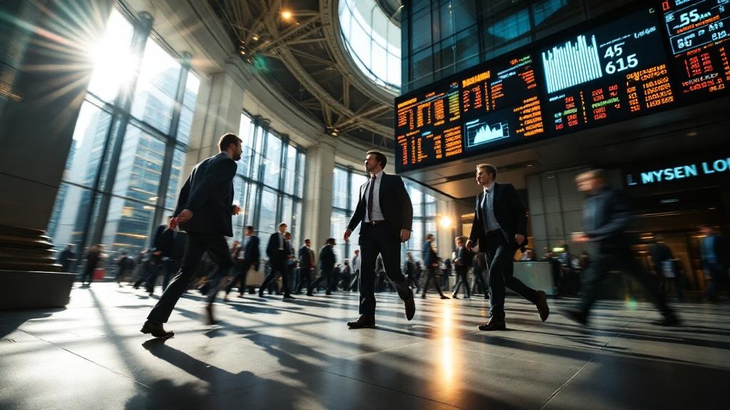 Wide-angle editorial photograph taken inside the London Stock Exchange trading floor or Paternoster Square outside the LSE building in the City of London, late afternoon light, suited professionals in