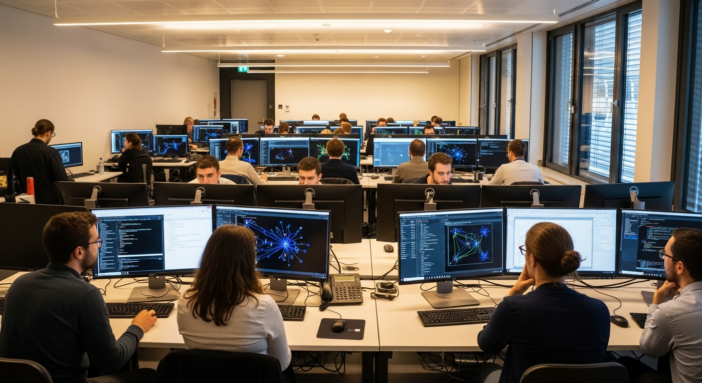 A wide-angle editorial photograph taken inside a modern European university computer lab, likely ETH Zurich or a similar technical institution, showing a diverse group of young professionals and stude