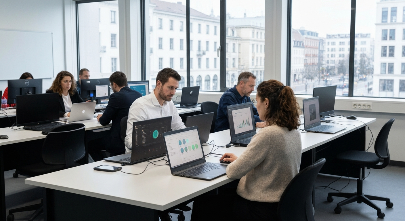 A photograph taken inside a modern European university computer lab, showing a diverse group of adult professionals engaged with laptop screens displaying data visualisation interfaces. The setting is