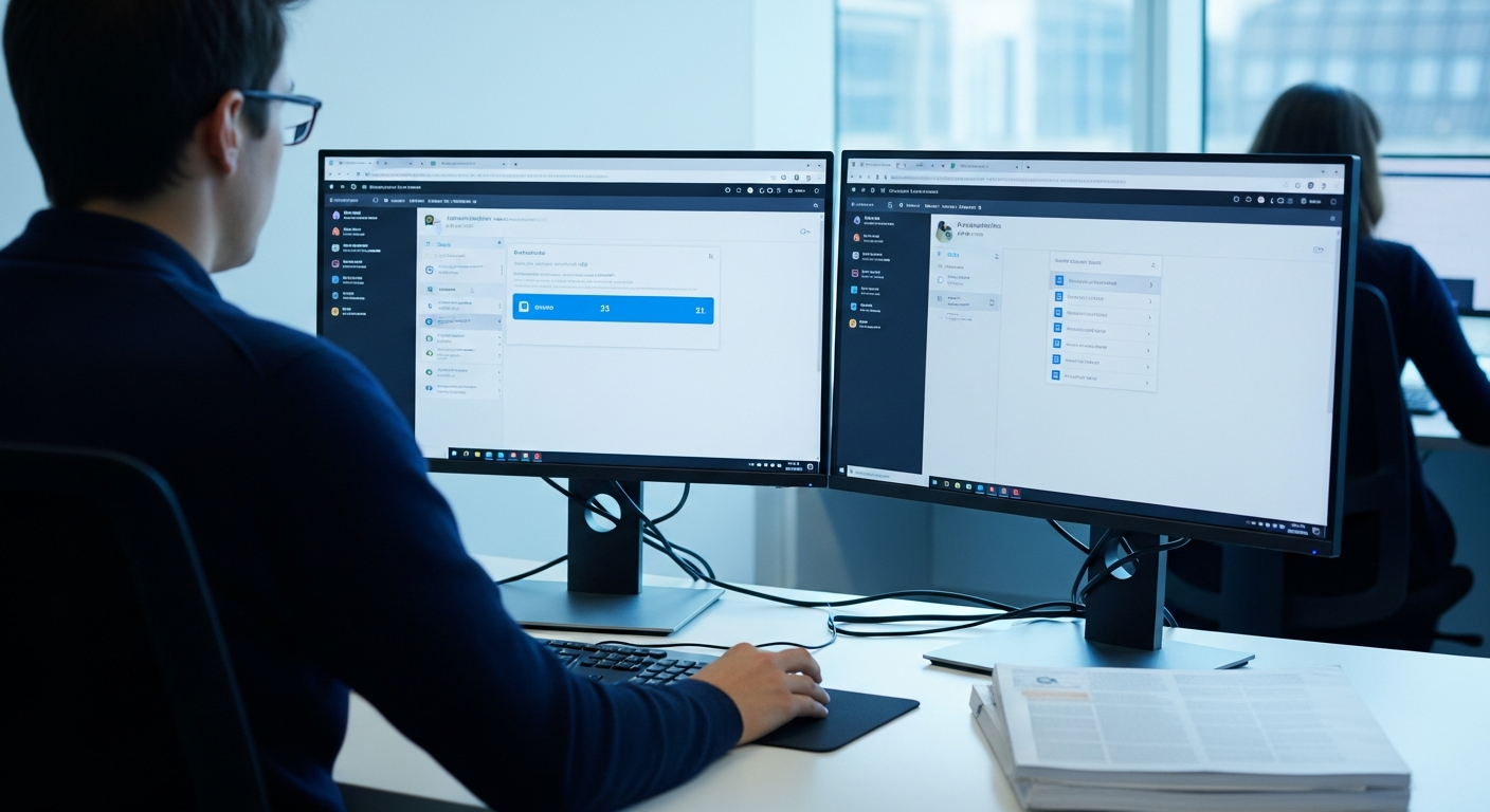 An editorial photograph taken inside a modern European research environment, such as a university library at ETH Zurich or a clinical research office in a contemporary Brussels building. A researcher 