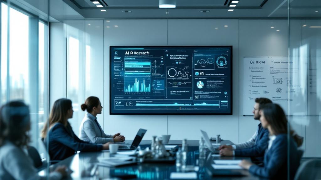 A wide-angle editorial photograph of a clinical data team in a glass-walled meeting room, reviewing AI-generated research outputs on a large wall-mounted screen. The setting suggests a modern European
