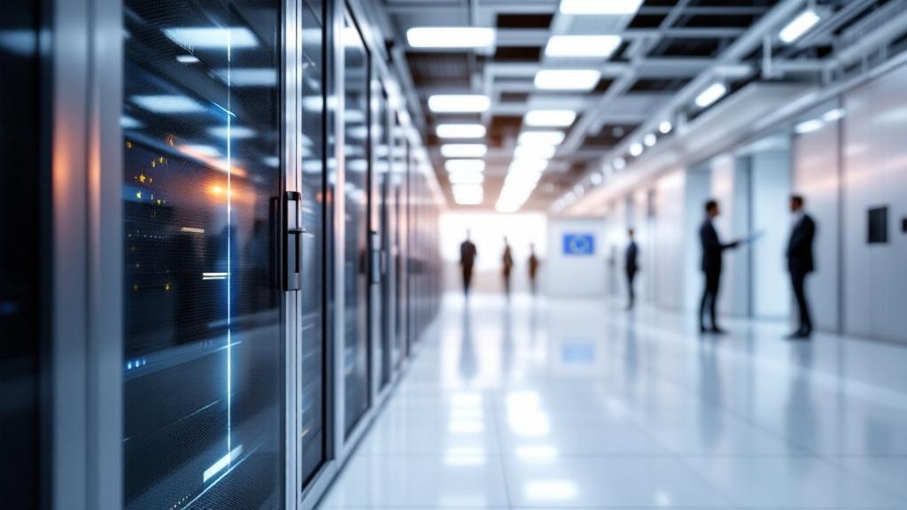 Wide editorial photograph of a modern European government technology facility, showing server racks or high-performance computing hardware in a clean, well-lit datacentre interior, with a European fla
