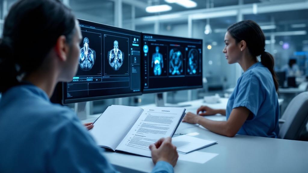 A wide-angle editorial photograph taken inside a modern European hospital technology suite, showing a clinical workstation displaying AI-assisted diagnostic imaging software on dual monitors. A medica