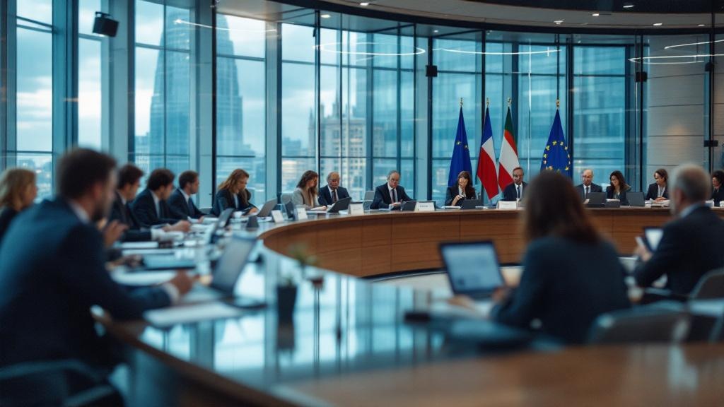 Wide-angle editorial photograph inside a large European governmental or regulatory conference room, shot from a low angle looking toward a curved panel of delegates reviewing documents on tablets and 