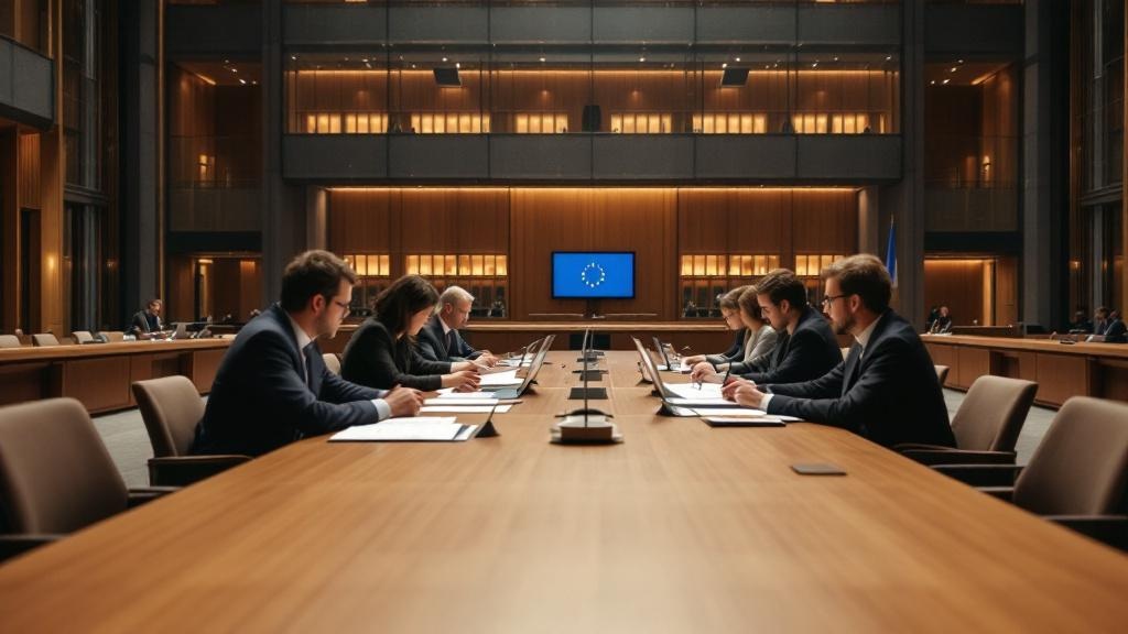 Editorial photograph taken inside a modern European parliamentary or regulatory building, such as the European Parliament chamber in Brussels or the atrium of the Berlaymont building, showing official