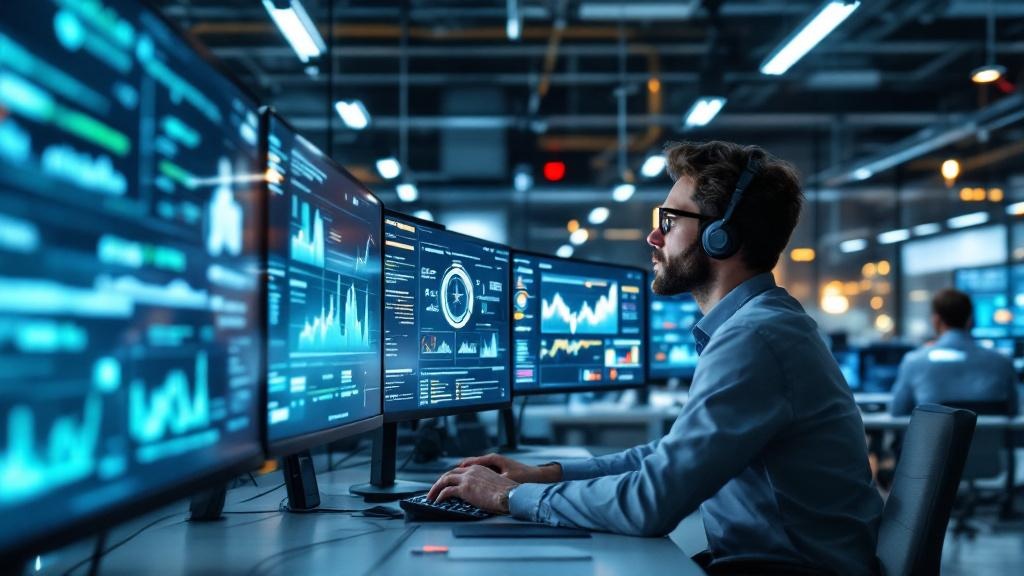 A wide-angle editorial photograph taken inside a modern European bank's technology operations centre, showing compliance analysts reviewing AI system dashboards on large monitors. The room features gl