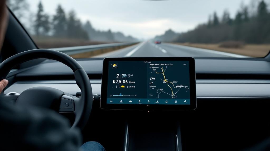 Close-up editorial photograph of a vehicle infotainment touchscreen inside a contemporary European electric hatchback, showing a route-planning interface with a range-estimation display and weather ov