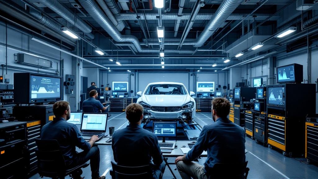 Wide editorial photograph of a car software integration test bay inside a German automotive facility, showing a vehicle body shell mounted on a static rig surrounded by laptop workstations and oscillo