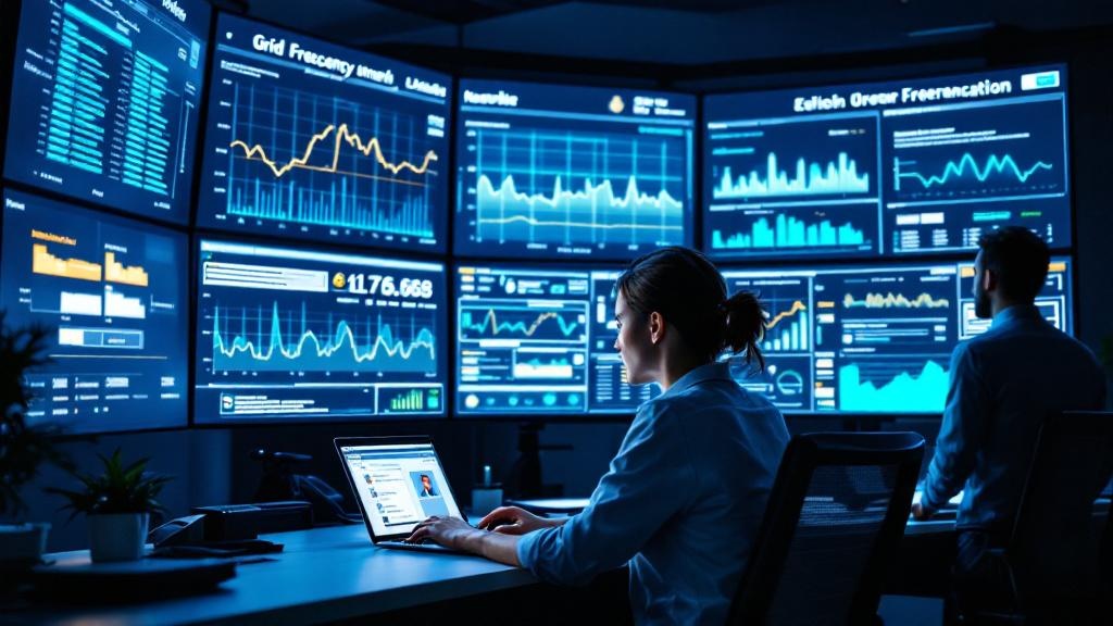 Editorial photograph taken inside a modern European energy control room, featuring multiple large monitors displaying grid frequency graphs and renewable generation dashboards. A professional in their