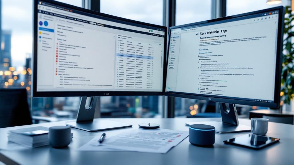 A close-up editorial photograph taken inside a modern European fintech office, showing a compliance officer reviewing AI voice-interaction logs on a dual-monitor workstation. The setting is clean and 