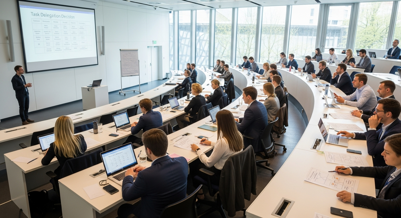 A mid-shot photograph taken inside a modern European university lecture hall or corporate learning centre, with a professional in their mid-thirties standing at a whiteboard covered in structured work